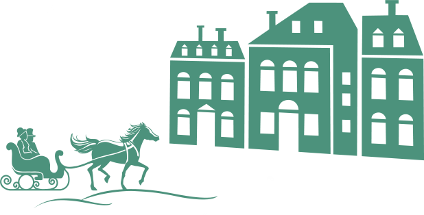 Illustration of horse and sleigh and some houses